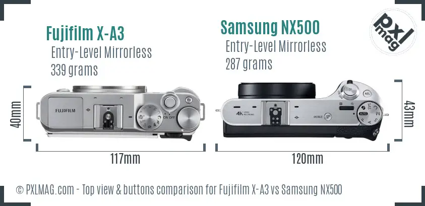 Fujifilm X-A3 vs Samsung NX500 top view buttons comparison