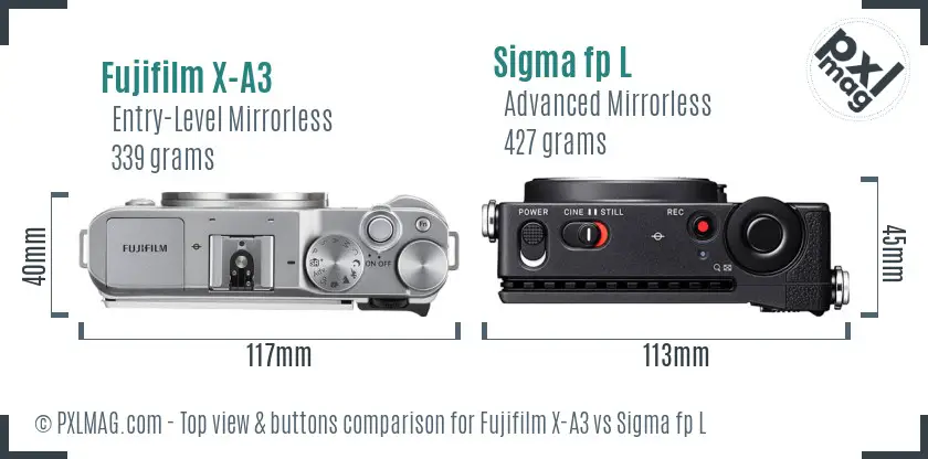 Fujifilm X-A3 vs Sigma fp L top view buttons comparison