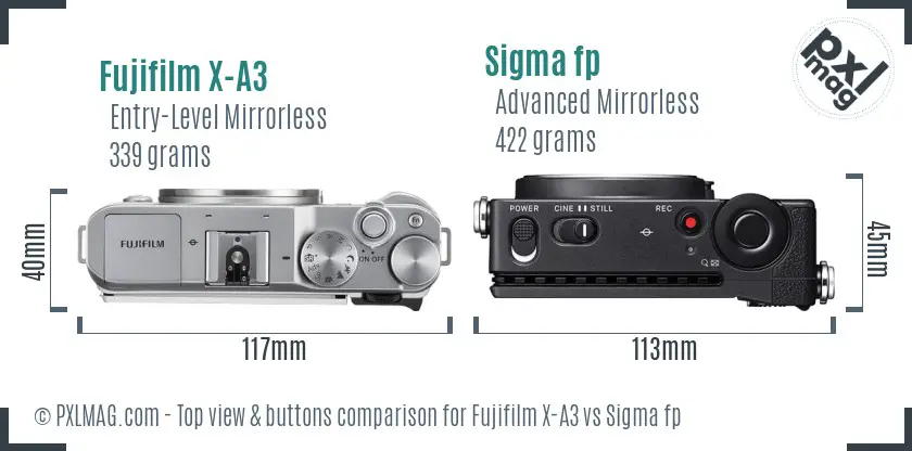 Fujifilm X-A3 vs Sigma fp top view buttons comparison
