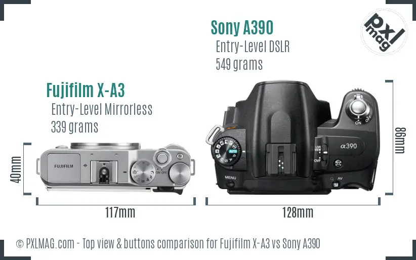 Fujifilm X-A3 vs Sony A390 top view buttons comparison