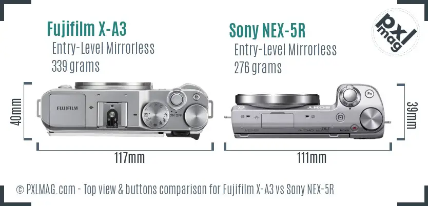 Fujifilm X-A3 vs Sony NEX-5R top view buttons comparison