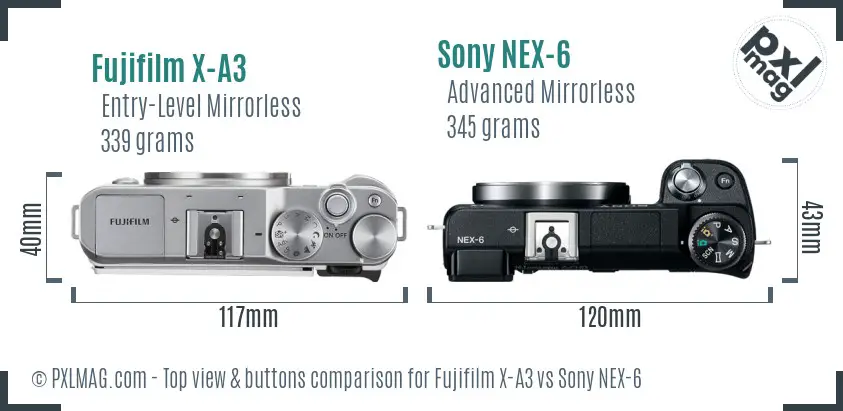 Fujifilm X-A3 vs Sony NEX-6 top view buttons comparison