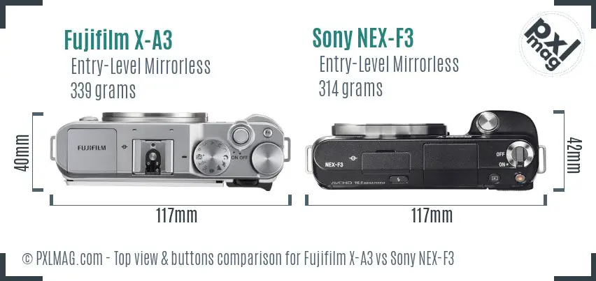 Fujifilm X-A3 vs Sony NEX-F3 top view buttons comparison