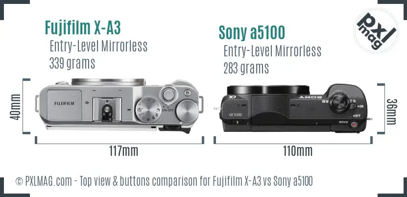 Fujifilm X-A3 vs Sony a5100 top view buttons comparison