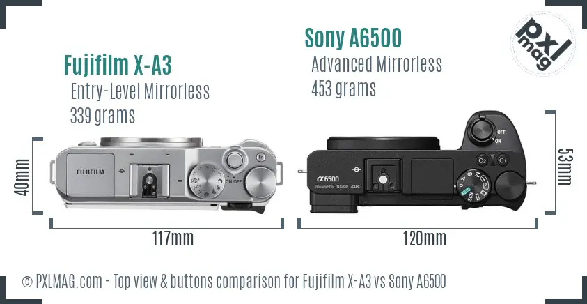 Fujifilm X-A3 vs Sony A6500 top view buttons comparison Fujifilm X-A3 vs Sony A6500 top view buttons comparison