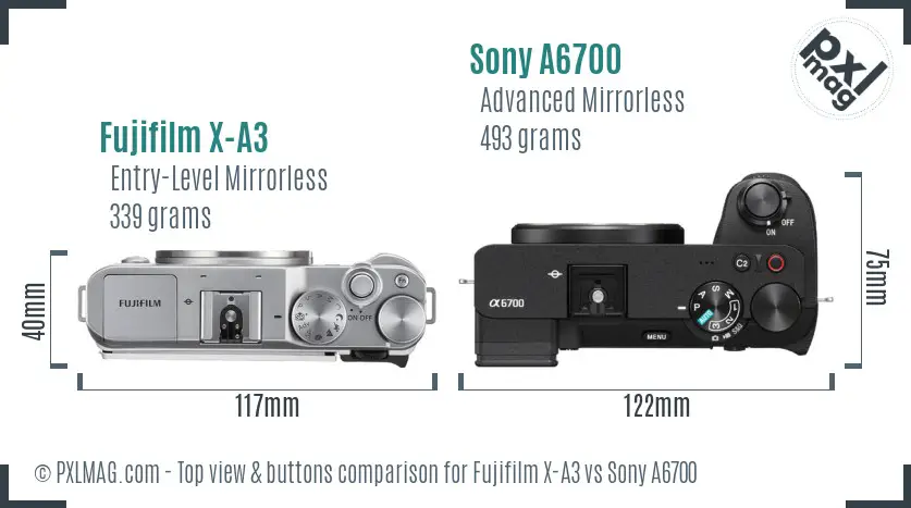 Fujifilm X-A3 vs Sony A6700 top view buttons comparison