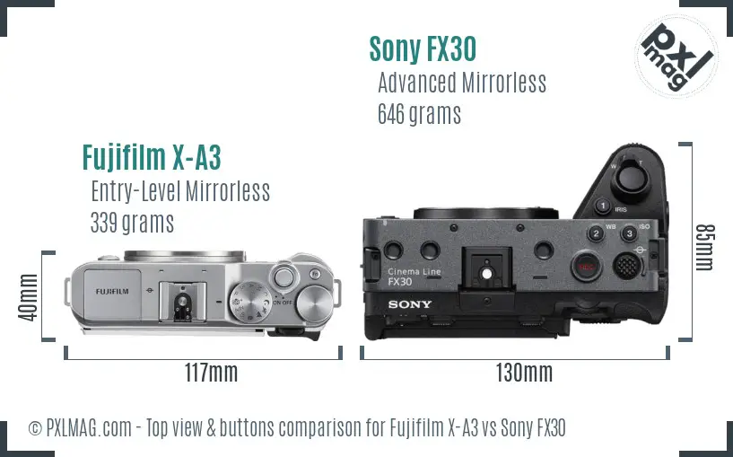 Fujifilm X-A3 vs Sony FX30 top view buttons comparison