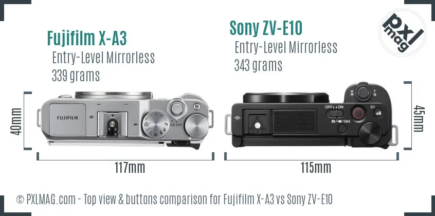 Fujifilm X-A3 vs Sony ZV-E10 top view buttons comparison