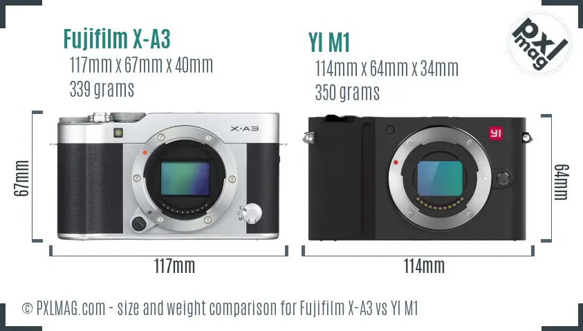 Fujifilm X-A3 vs YI M1 size comparison