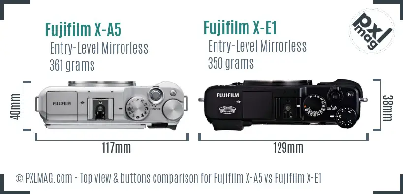 Fujifilm X-A5 vs Fujifilm X-E1 top view buttons comparison