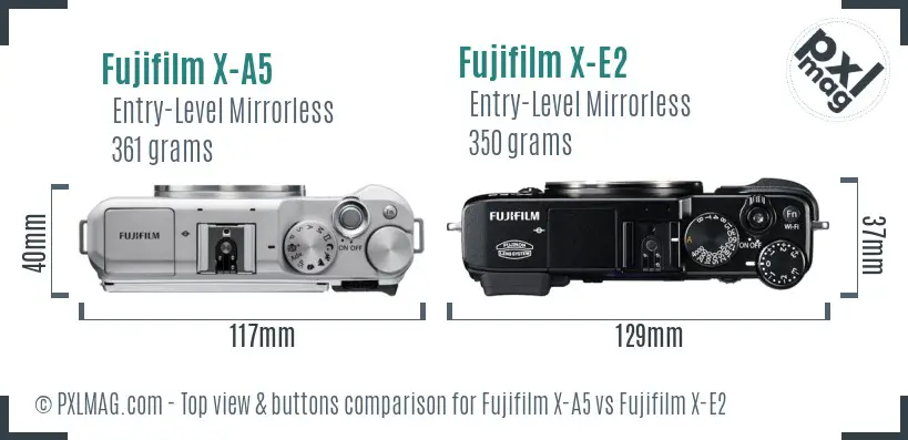 Fujifilm X-A5 vs Fujifilm X-E2 top view buttons comparison