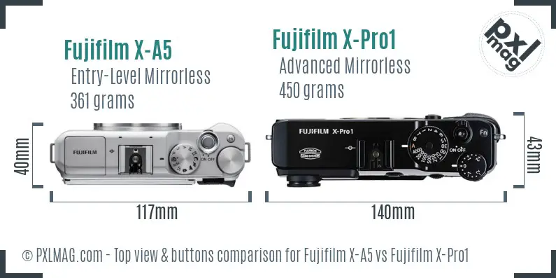 Fujifilm X-A5 vs Fujifilm X-Pro1 top view buttons comparison