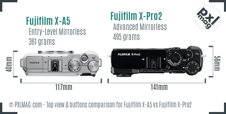 Fujifilm X-A5 vs Fujifilm X-Pro2 top view buttons comparison