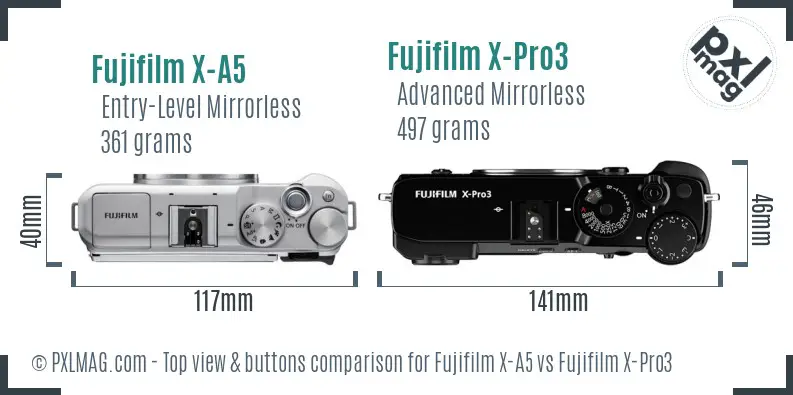 Fujifilm X-A5 vs Fujifilm X-Pro3 top view buttons comparison