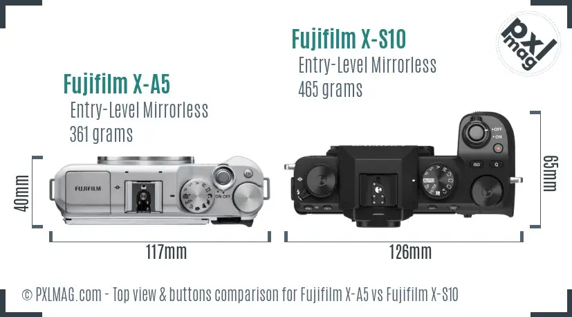 Fujifilm X-A5 vs Fujifilm X-S10 top view buttons comparison
