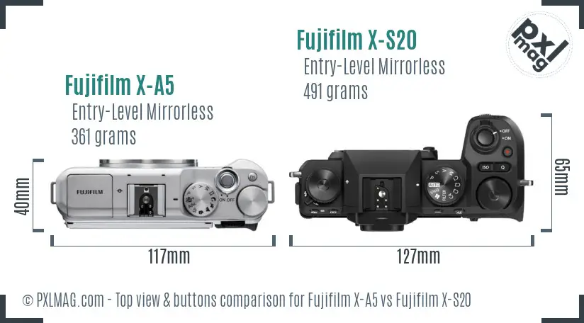 Fujifilm X-A5 vs Fujifilm X-S20 top view buttons comparison
