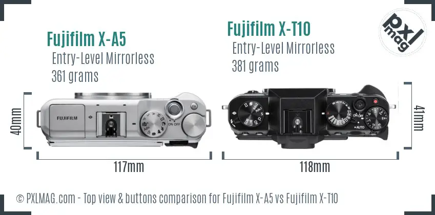Fujifilm X-A5 vs Fujifilm X-T10 top view buttons comparison