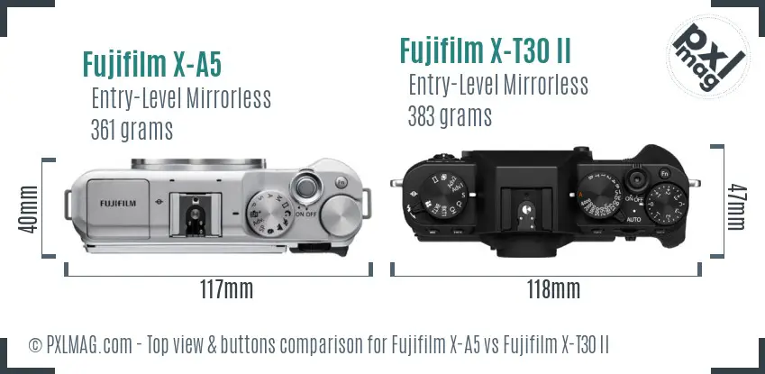 Fujifilm X-A5 vs Fujifilm X-T30 II top view buttons comparison