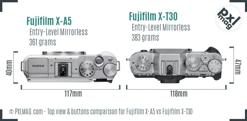 Fujifilm X-A5 vs Fujifilm X-T30 top view buttons comparison