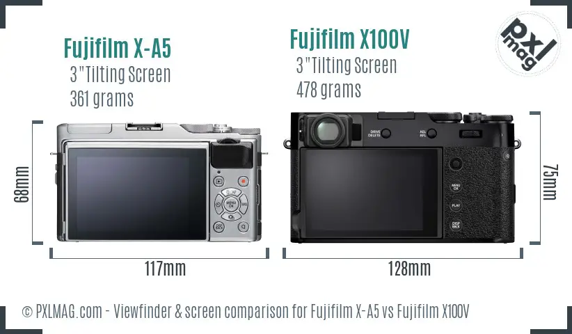 Fujifilm X-A5 vs Fujifilm X100V Screen and Viewfinder comparison