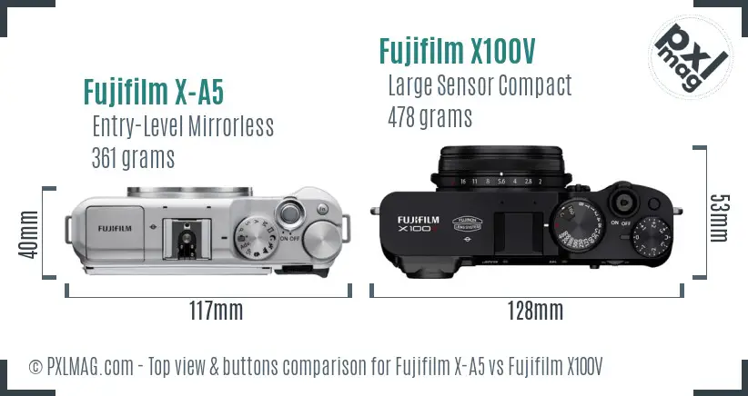 Fujifilm X-A5 vs Fujifilm X100V top view buttons comparison