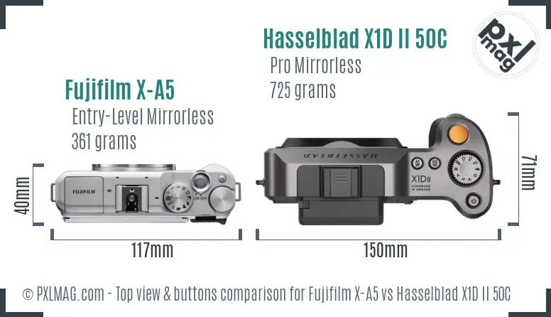 Fujifilm X-A5 vs Hasselblad X1D II 50C top view buttons comparison Fujifilm X-A5 vs Hasselblad X1D II 50C top view buttons comparison