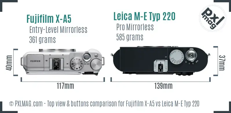 Fujifilm X-A5 vs Leica M-E Typ 220 top view buttons comparison