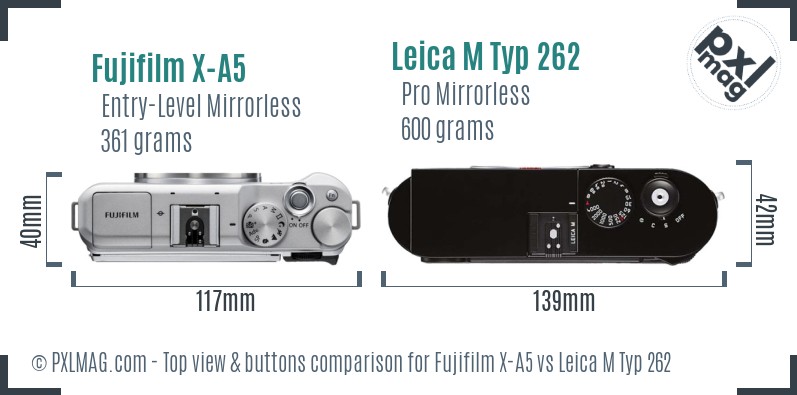 Fujifilm X-A5 vs Leica M Typ 262 top view buttons comparison