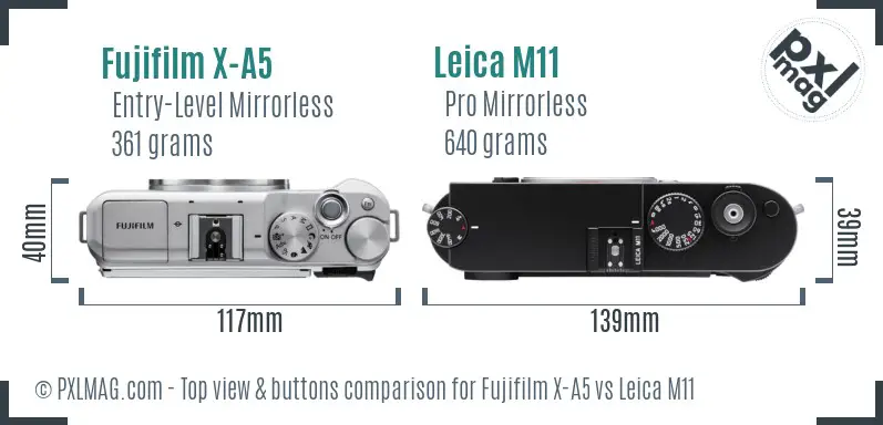 Fujifilm X-A5 vs Leica M11 top view buttons comparison