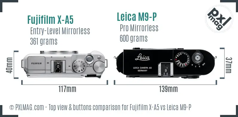 Fujifilm X-A5 vs Leica M9-P top view buttons comparison