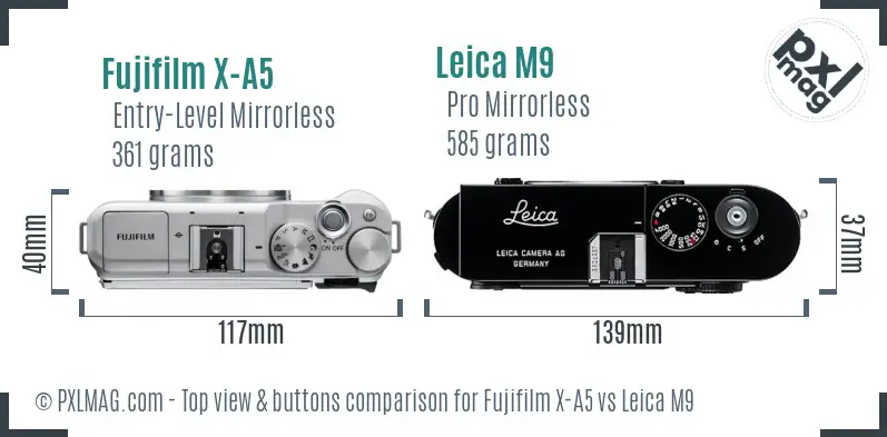 Fujifilm X-A5 vs Leica M9 top view buttons comparison