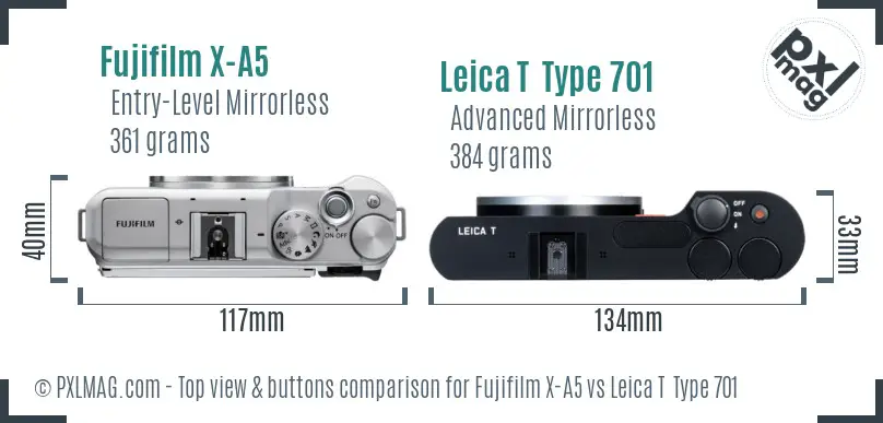 Fujifilm X-A5 vs Leica T  Type 701 top view buttons comparison