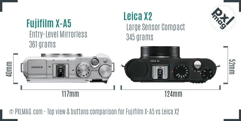 Fujifilm X-A5 vs Leica X2 top view buttons comparison Fujifilm X-A5 vs Leica X2 top view buttons comparison