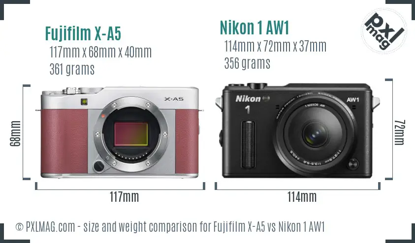 Fujifilm X-A5 vs Nikon 1 AW1 size comparison