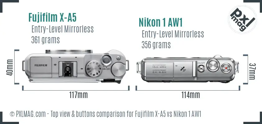 Fujifilm X-A5 vs Nikon 1 AW1 top view buttons comparison