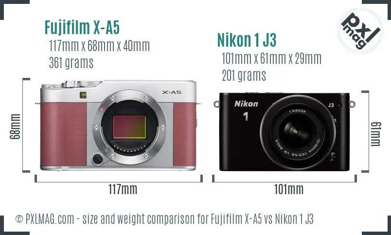 Fujifilm X-A5 vs Nikon 1 J3 size comparison