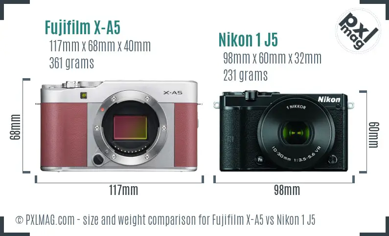 Fujifilm X-A5 vs Nikon 1 J5 size comparison