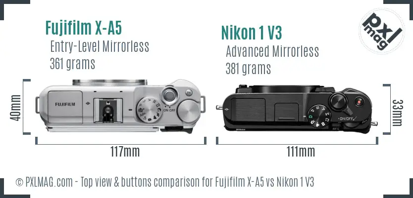 Fujifilm X-A5 vs Nikon 1 V3 top view buttons comparison Fujifilm X-A5 vs Nikon 1 V3 top view buttons comparison