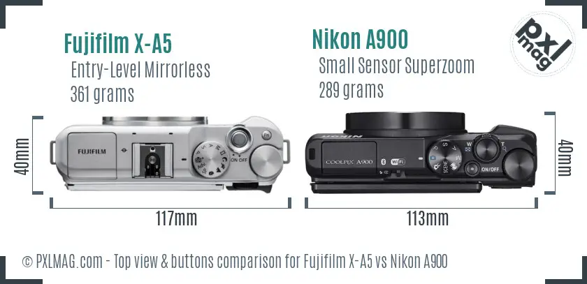Fujifilm X-A5 vs Nikon A900 top view buttons comparison