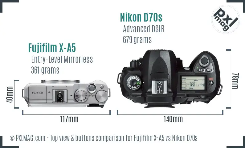 Fujifilm X-A5 vs Nikon D70s top view buttons comparison