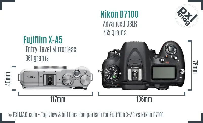 Fujifilm X-A5 vs Nikon D7100 top view buttons comparison