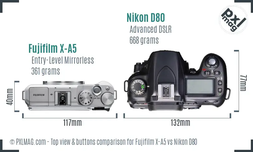 Fujifilm X-A5 vs Nikon D80 top view buttons comparison Fujifilm X-A5 vs Nikon D80 top view buttons comparison