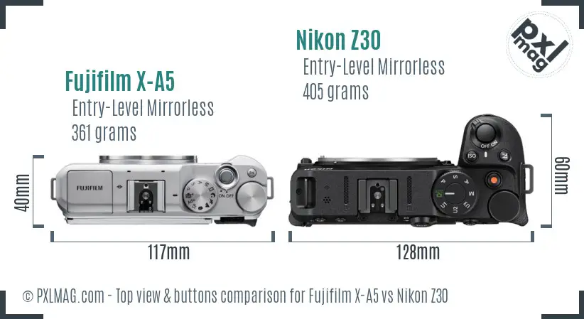 Fujifilm X-A5 vs Nikon Z30 top view buttons comparison Fujifilm X-A5 vs Nikon Z30 top view buttons comparison