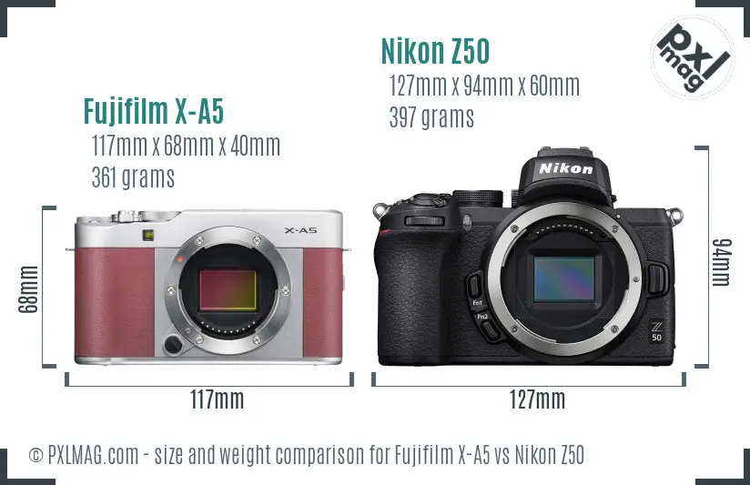 Fujifilm X-A5 vs Nikon Z50 size comparison
