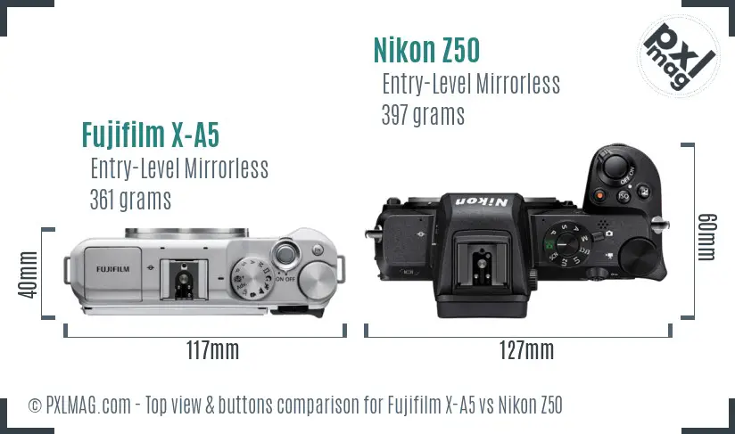 Fujifilm X-A5 vs Nikon Z50 top view buttons comparison