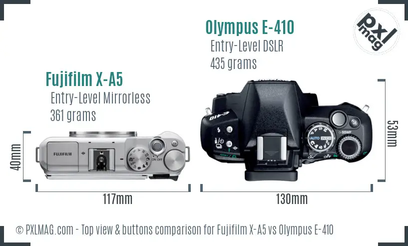 Fujifilm X-A5 vs Olympus E-410 top view buttons comparison