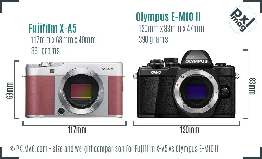 Fujifilm X-A5 vs Olympus E-M10 II size comparison