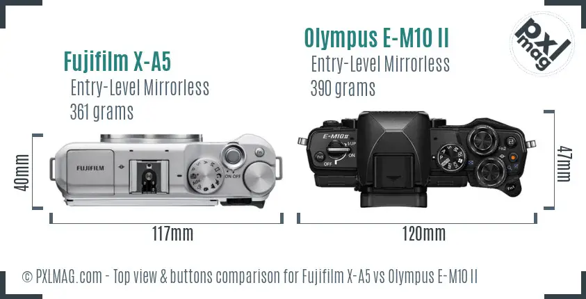 Fujifilm X-A5 vs Olympus E-M10 II top view buttons comparison