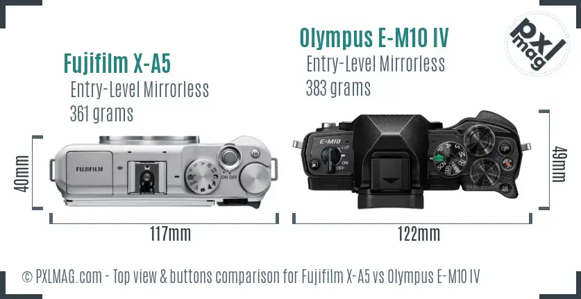 Fujifilm X-A5 vs Olympus E-M10 IV top view buttons comparison