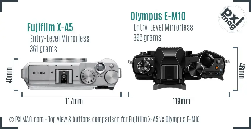 Fujifilm X-A5 vs Olympus E-M10 top view buttons comparison